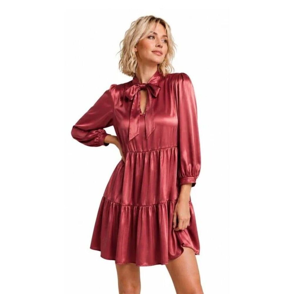 New GIGIO M 8 10 Rose Metallic Sheen Satin Tiered Front Tie Date Night Dress